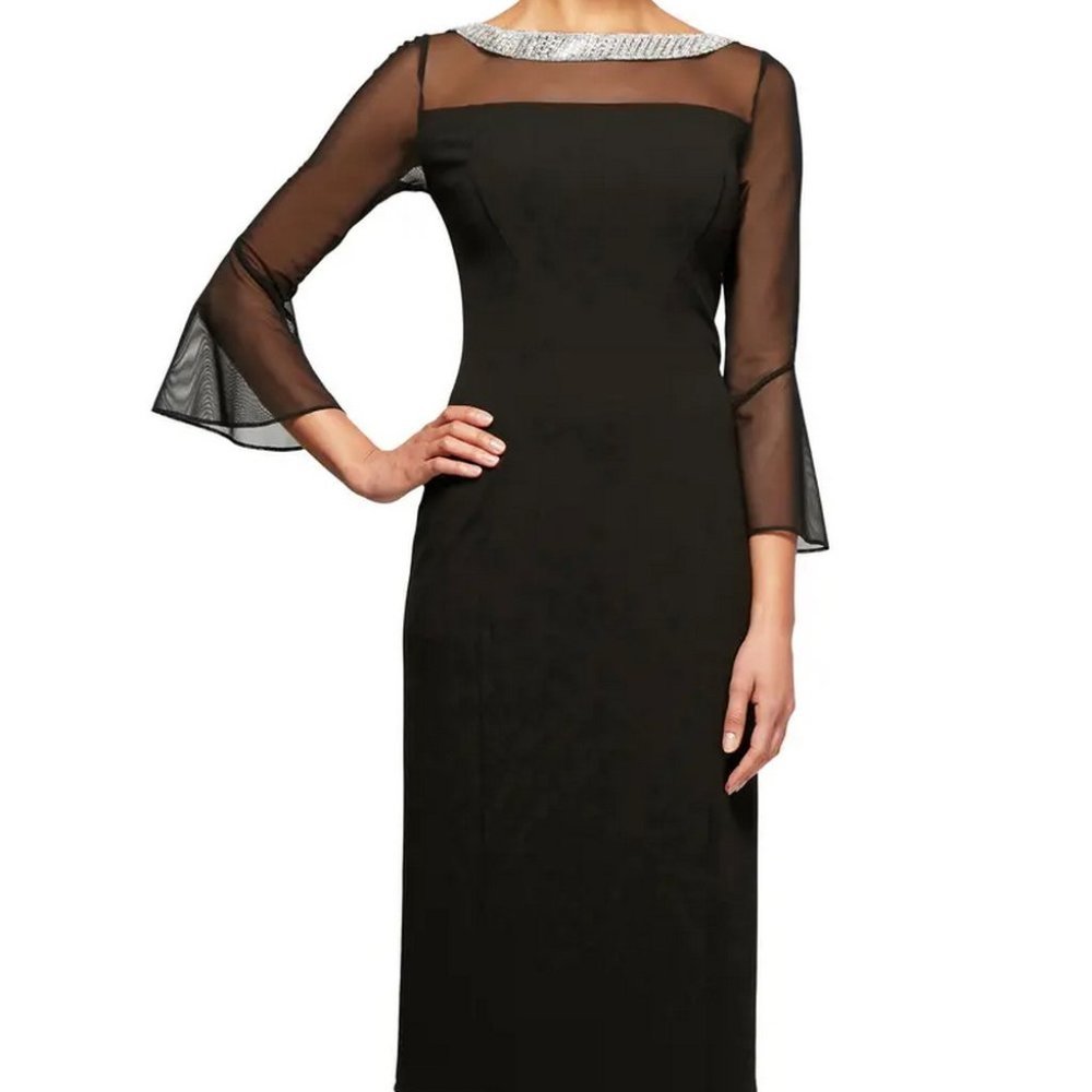 Alex Evenings Black Rhinestone Embellished Collar Shift Dress
